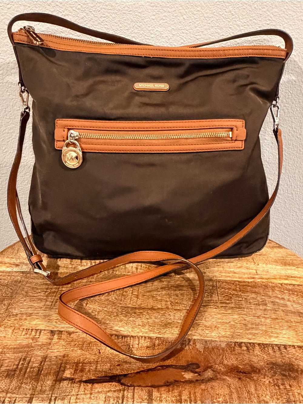 Michael Kors Kempton Dark Brown Nylon Luggage Leather Crossbody Bag MK Charm